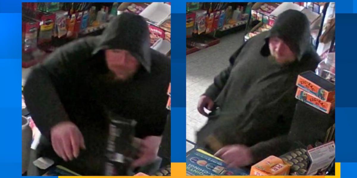 Surveillance image of suspect who smashed door of Lane's Market in Cocke County, Tennessee, to steal 7-hydroxymitragynine pills.