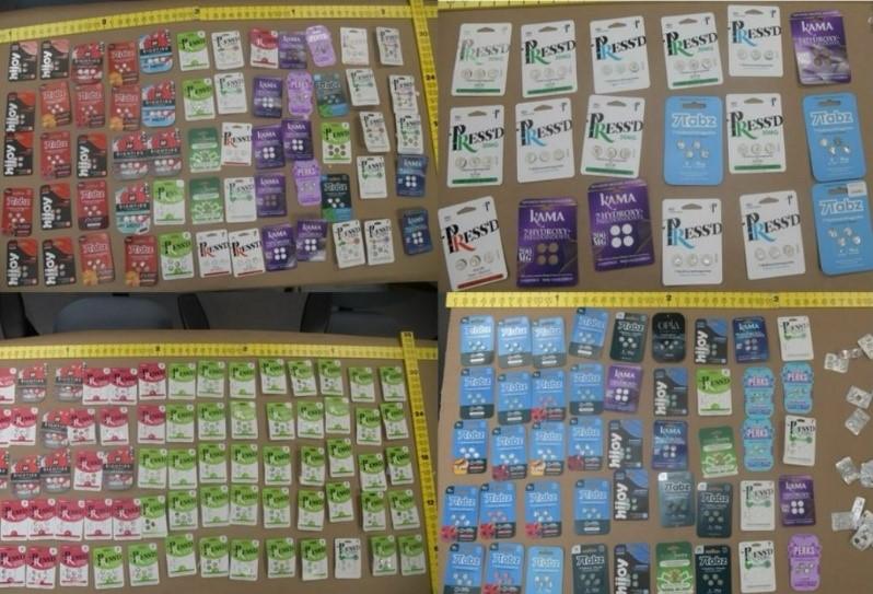 Fairfax County Police Department evidence photo of stolen 7Tabz, Hijoy, Kama, Perks, and Press'd brand 7-OH products recovered from David Elliot.